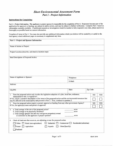 First page of the Short Environmental Assessment Form