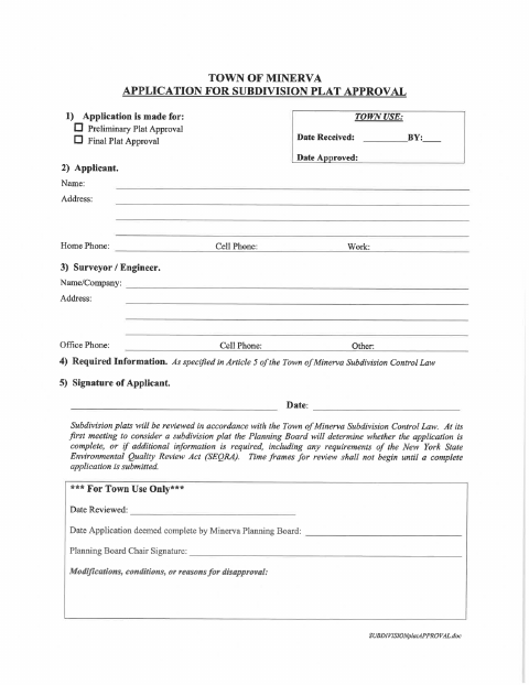 First page of the Application for Subdivision Plat Approval