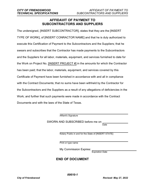 First page of the Affidavit of Payment to Subcontractors and Suppliers