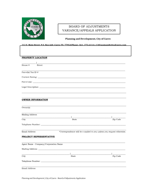 First page of the Board of Adjustments Application