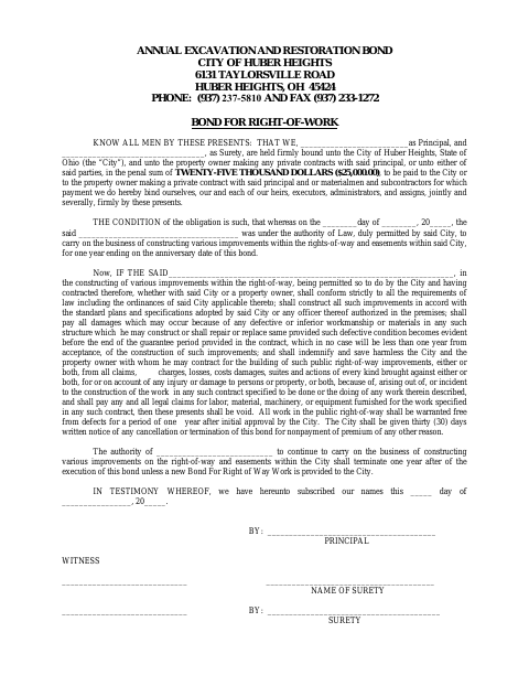 First page of the Annual Excavation and Restoration Bond