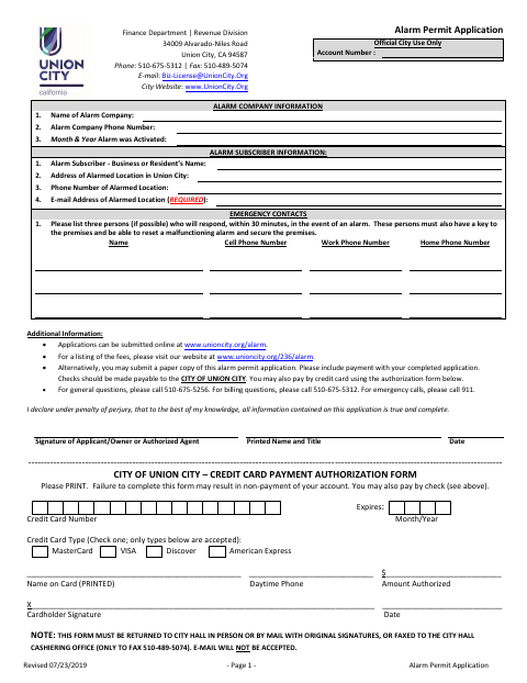 First page of the Alarm Permit Application