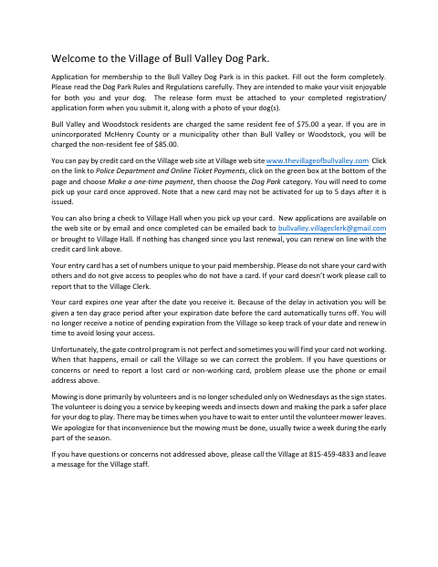 First page of the Dog Park Application, Waiver & Rules