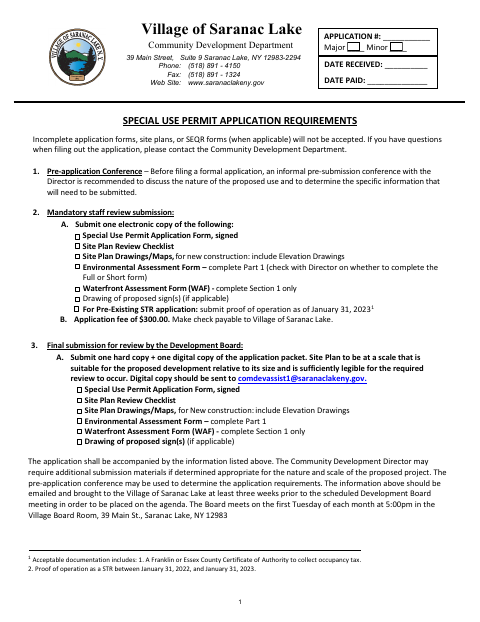 First page of the Special Use Permit Application