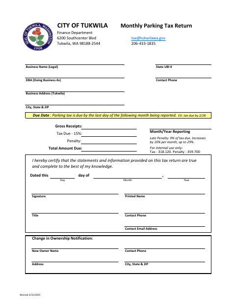 First page of the Monthly Parking Tax Return