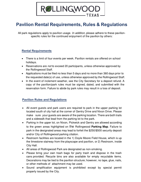 First page of the Pavilion Rental Requirements, Rules & Regulations