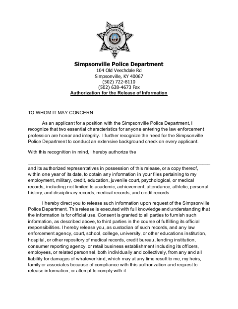 First page of the Authorization for the Release of Information