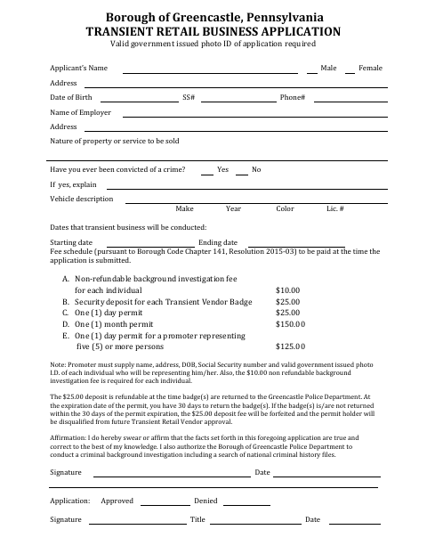 First page of the Transient Retail Business Application