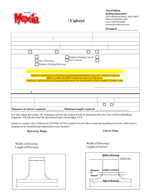 First page of the Driveway / Culvert Permit Application