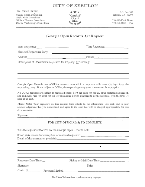 First page of the Open Records Act Request