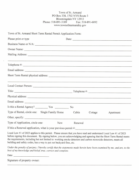 First page of the Short Term Rental Permit Application Form