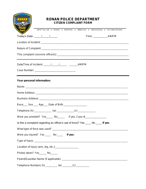 First page of the Citizen Complaint Form
