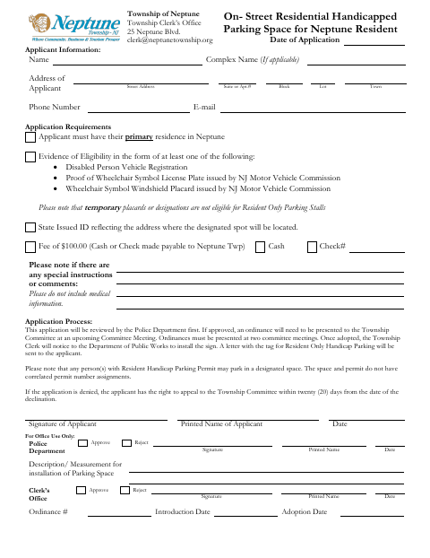 First page of the Application for Resident-Only Handicapped Parking Space