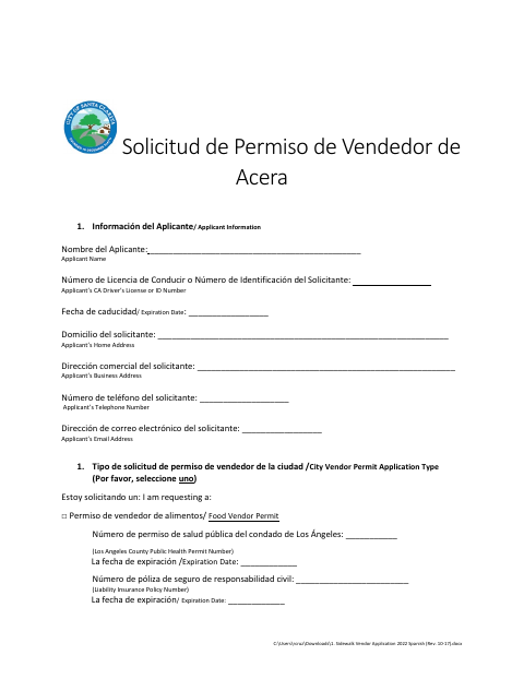 First page of the Sidewalk Vendor Permit Application