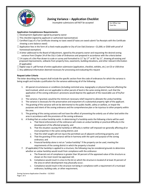 First page of the Zoning Variance Application Checklist