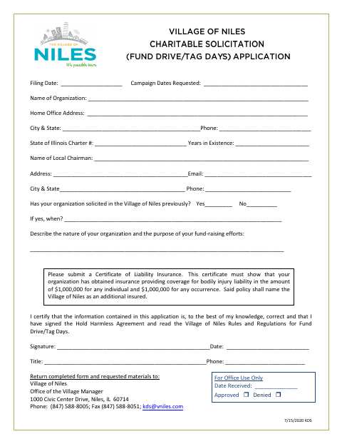 First page of the Fund Drive/Tag Days Application and Hold Harmless Agreement