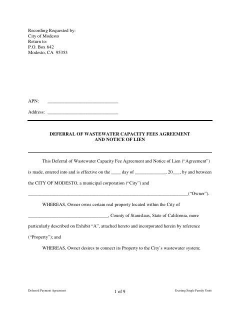 First page of the Deferred Payment Agreement and Notice of Lien for Existing Single-Family Units