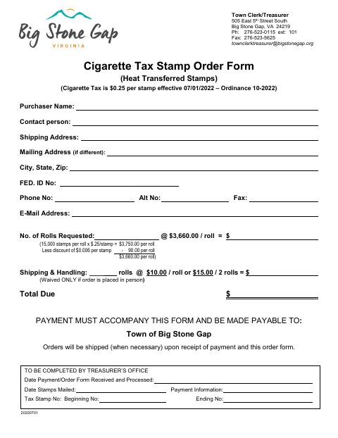 First page of the Cigarette Tax Stamp Order Form
