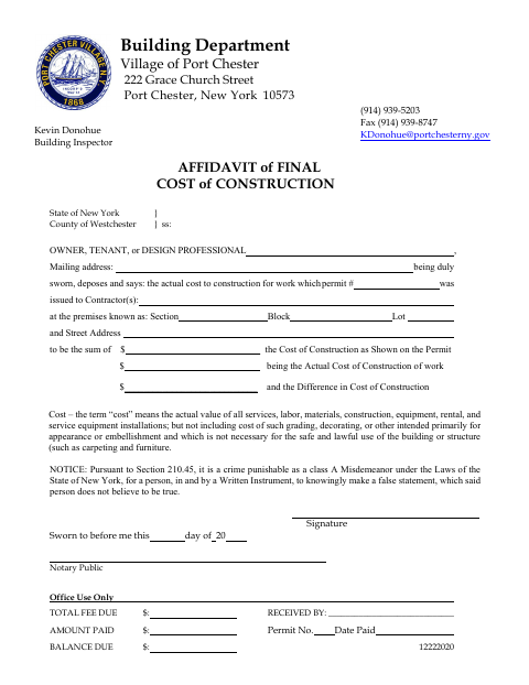 First page of the Affidavit of Final Cost of Construction