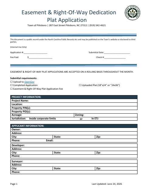 First page of the Easement and Right-of-Way Plat Application