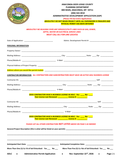 First page of the Administrative Development Application