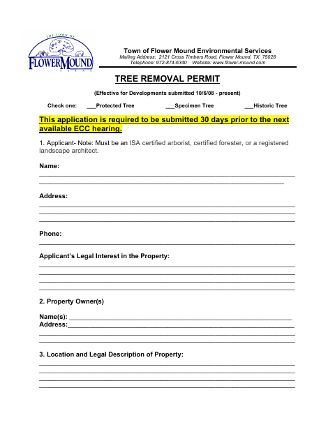First page of the Tree Removal Permit Application