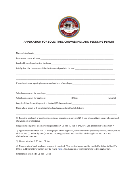 First page of the Application for Soliciting, Canvassing, and Peddling Permit