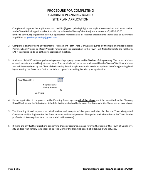 First page of the Planning Board Site Plan Application