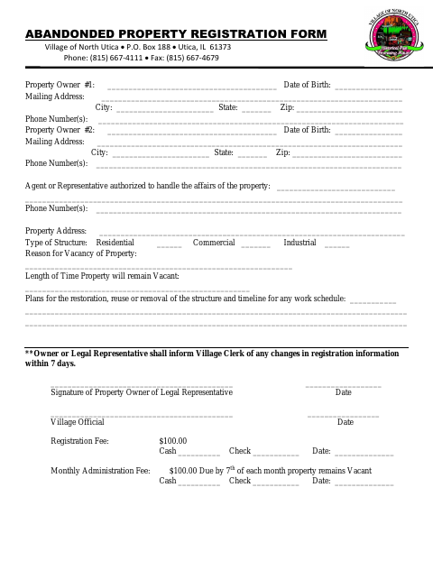First page of the Abandoned Property Registration Form