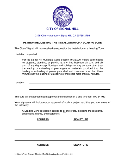 First page of the Petition Requesting the Installation of a Loading Zone