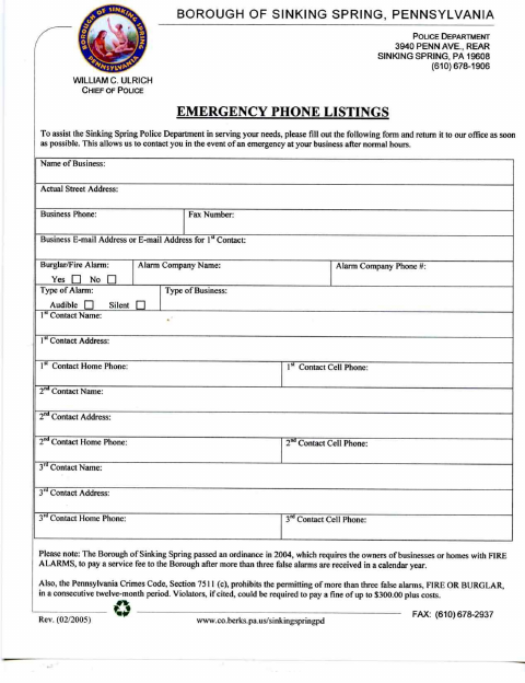 First page of the Emergency Phone Listings