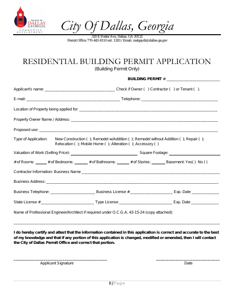 First page of the Residential Building Permit Application