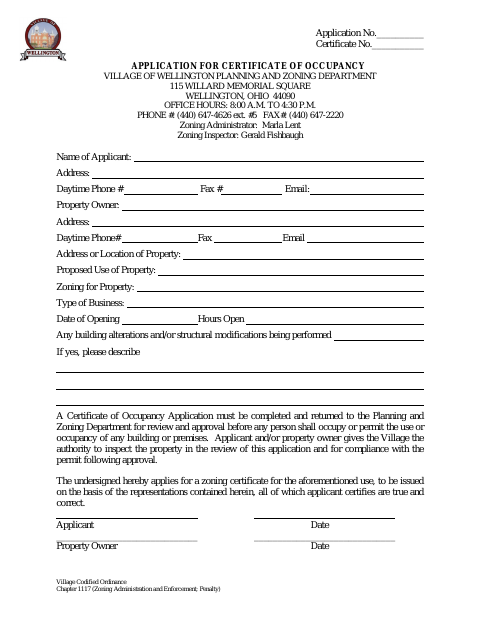First page of the Application for Certificate of Occupancy