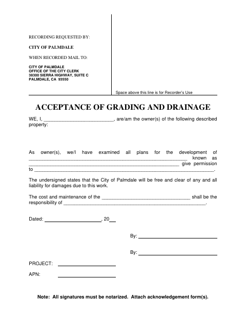 First page of the Acceptance of Grading and Drainage