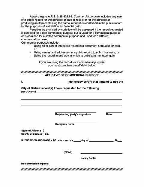 First page of the Affidavit of Commercial Purpose