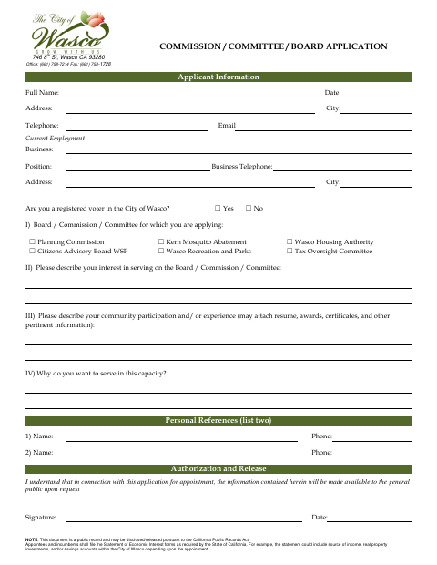 First page of the Commission / Committee / Board Application