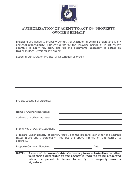 First page of the Authorization of Agent to Act on Property Owner's Behalf