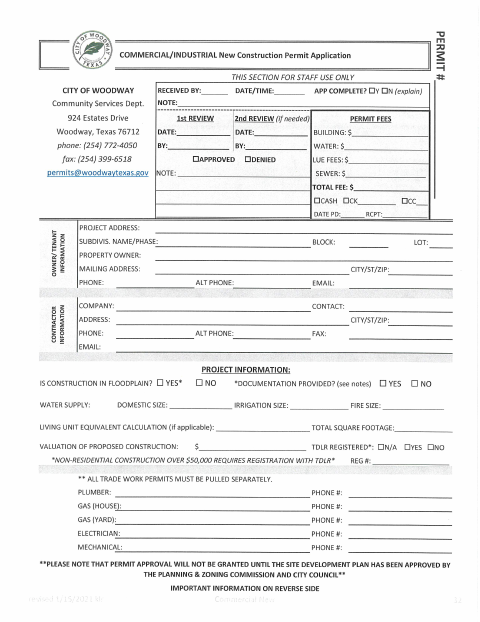 First page of the Commercial/Industrial New Construction Permit Application