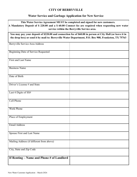 First page of the New Water Service Application