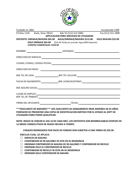 First page of the Utility Services Application