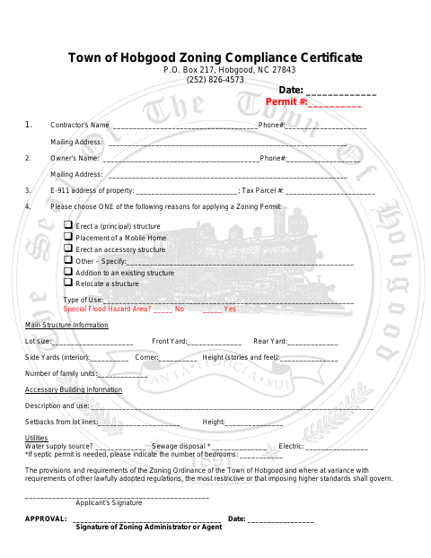 First page of the Zoning Compliance Certificate