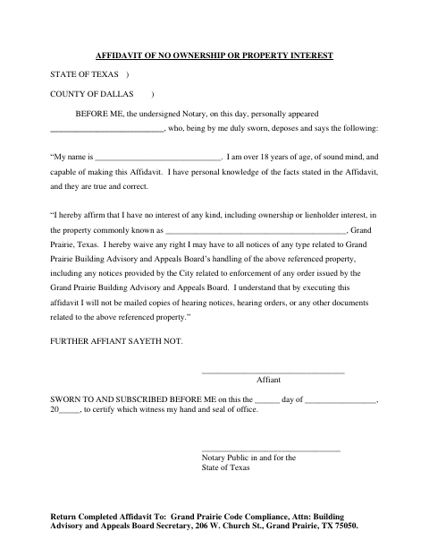First page of the Affidavit of No Ownership or Property Interest