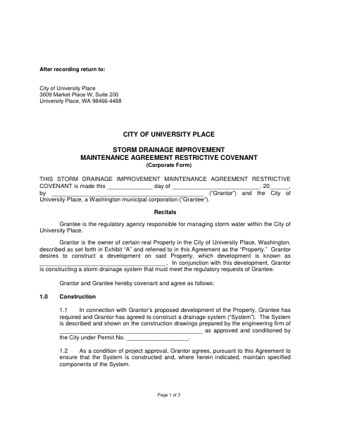 First page of the Storm Drainage Improvement Maintenance Agreement and Restrictive Covenant (Corporate Form)