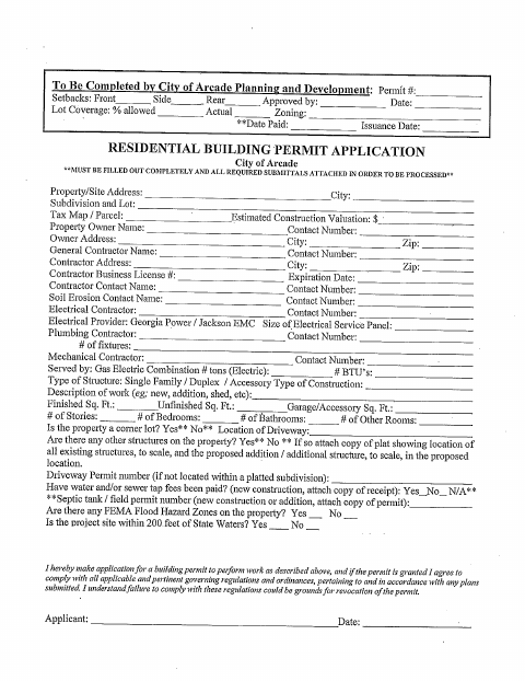 First page of the Residential Building Permit Application