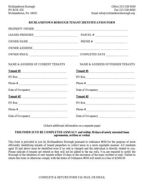 First page of the Tenant Identification Form