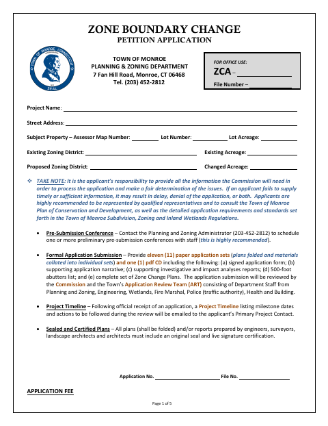 First page of the Zone Boundary Change Petition Application