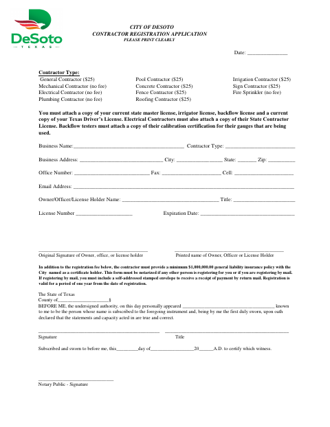 First page of the Contractor Registration Application