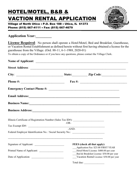 First page of the Hotel/Motel, B&B & Vacation Rental Application