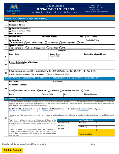 First page of the Special Event Application