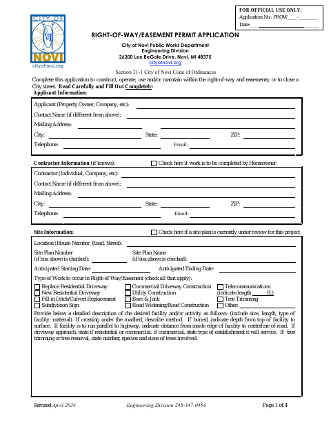 First page of the Right-of-Way/Easement Permit Application